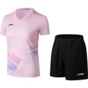 LiNing Badminton Uniform Sets Set (Dusty Pink Top+Black Bottom) Vneck Moderate