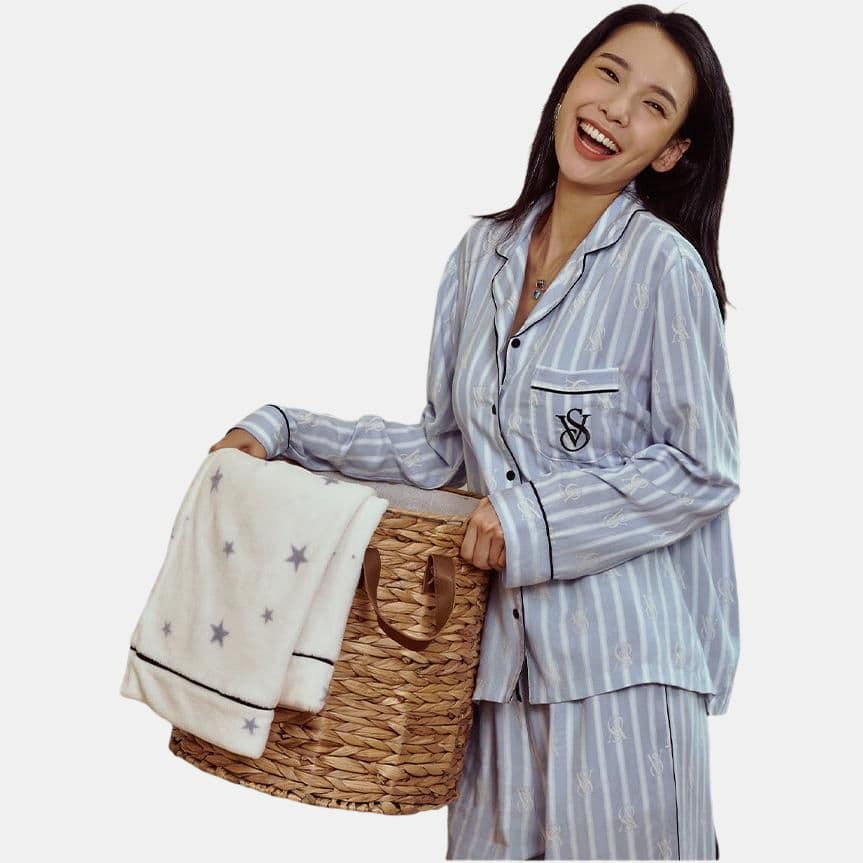 Victoria's Secret Pajama Set Dense Texture Lightweight Smooth Sleek Blue White Stripes