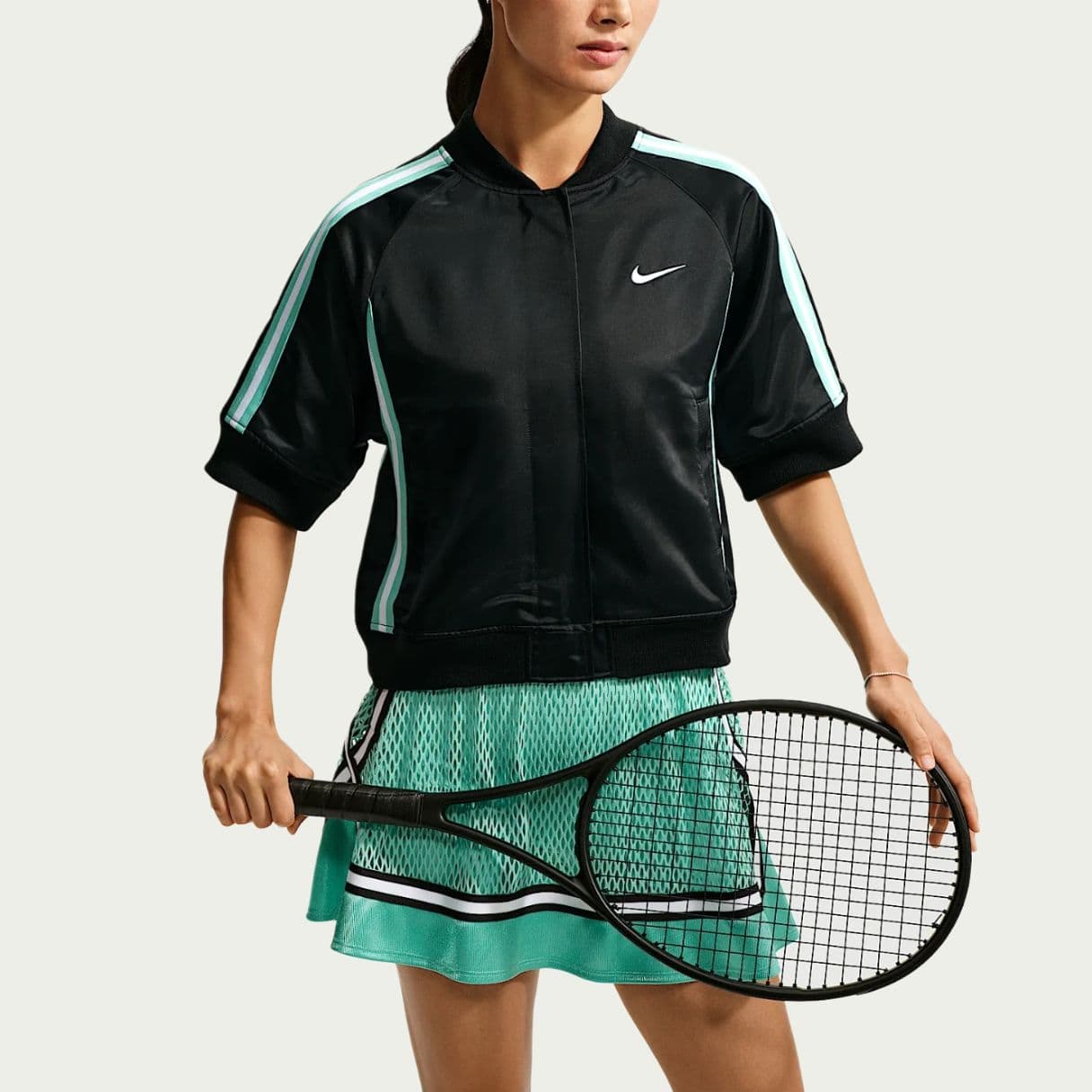 Nike Court Slam Tennis Tops Black/Mint Green/White Stand Collar Moderate