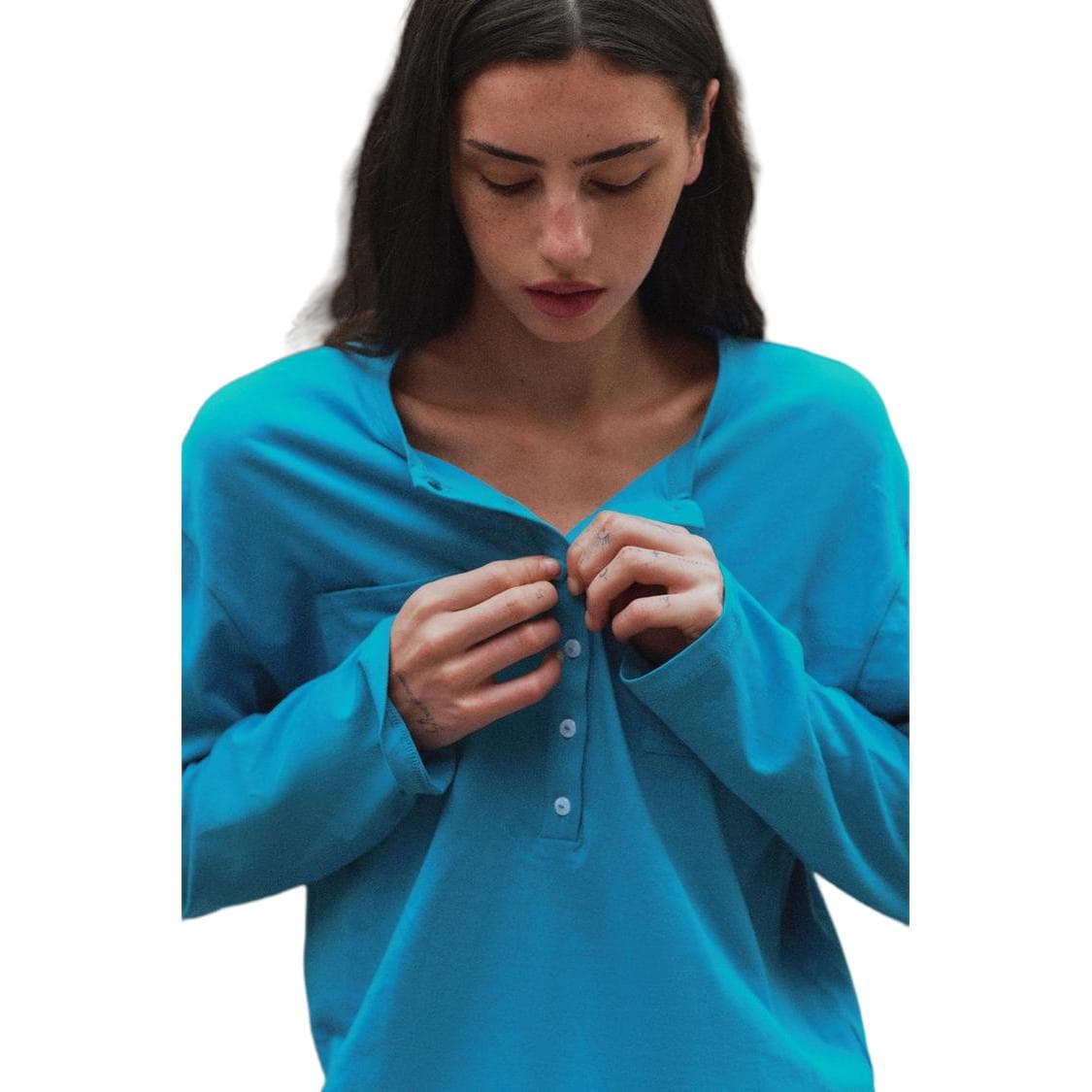 ZARA TShirts Medium Blue Green Henry Collar