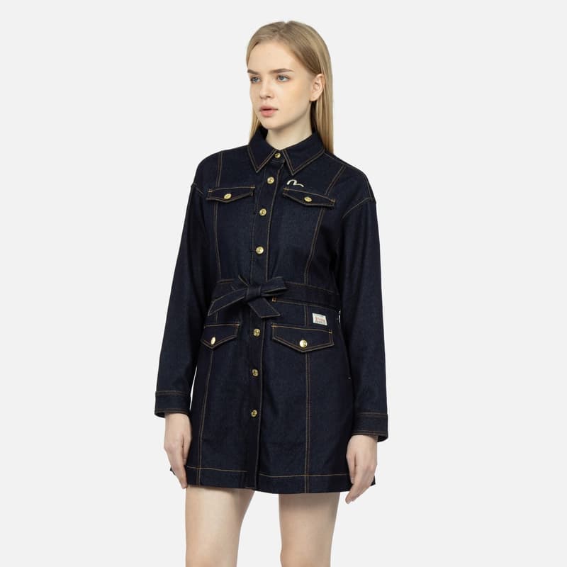 EVISU Long Sleeved Denim Blue Shirt Collar Moderate Short