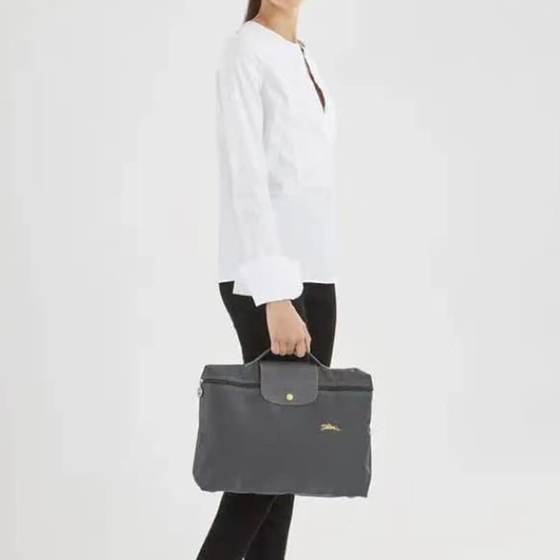 LONGCHAMP Le Pliage Club Cow Trim Handbag Briefcase Small Metal Gray