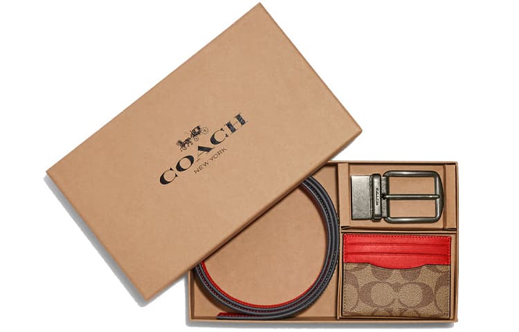 COACH Boxed Coated Canvas With Refined Calfskin Card Holder Khaki Orange Red Basic Set (Bag+Dust Bag)