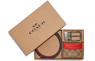 COACH Boxed Coated Canvas With Refined Calfskin Card Holder Khaki Orange Red