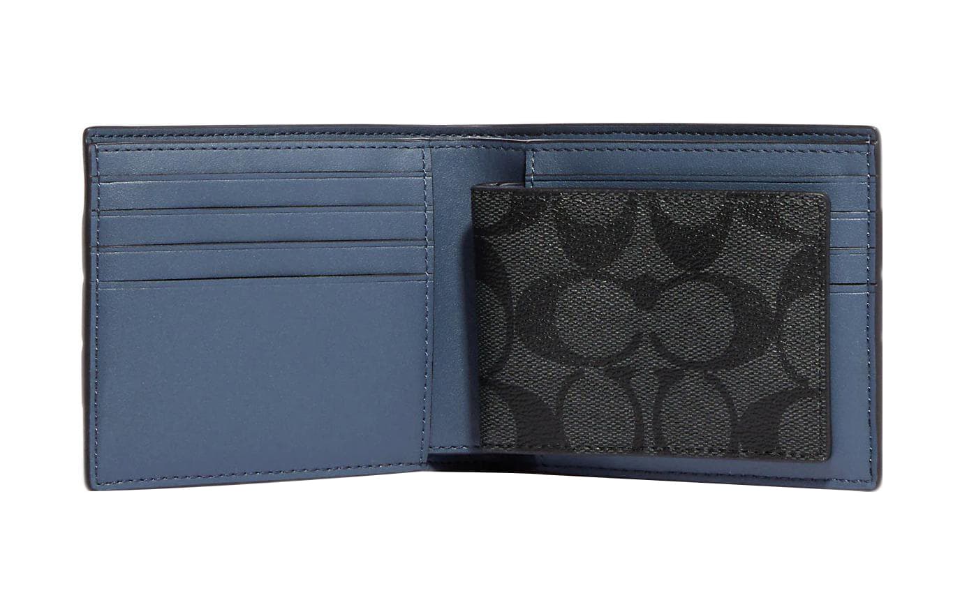 COACH 3 IN 1 Wallet Canvas With Pebbled Card Holder, Wallet Charcoal With Denim Color
