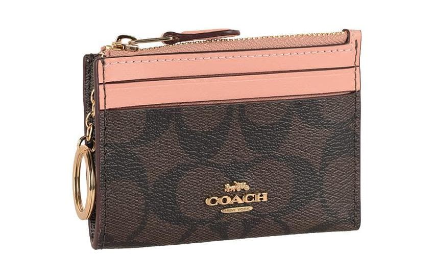 COACH Canvas Card Holder Mini Dark Brown & Shell Pink