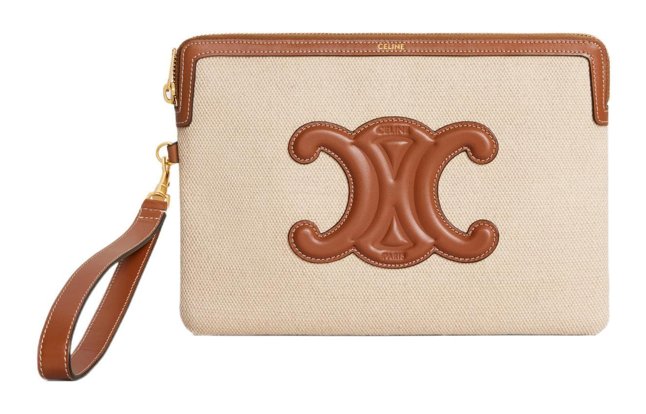 CELINE Fabric With Calfskin Trim Handbag Wrist Bag Clutch Small Brown Shopping Bag Set(Basic Set+Shopping Bag)
