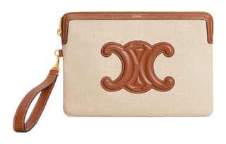 CELINE Fabric With Calfskin Trim Handbag Wrist Bag Clutch Small Brown