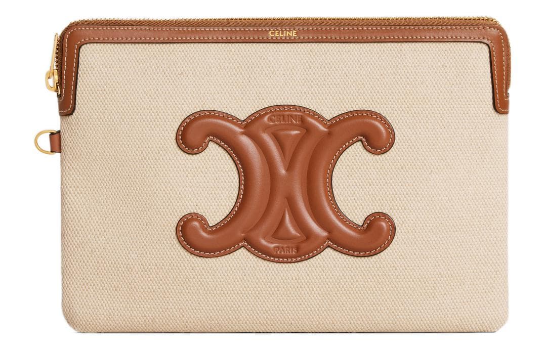 CELINE Fabric With Calfskin Trim Handbag Wrist Bag Clutch Small Brown