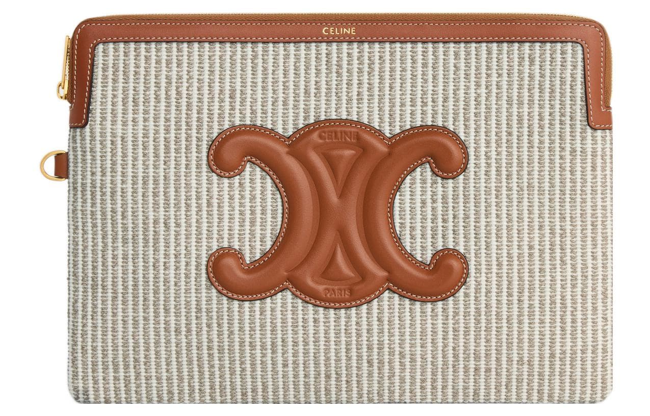 CELINE Fabric With Calfskin Clutch Small Light Umber