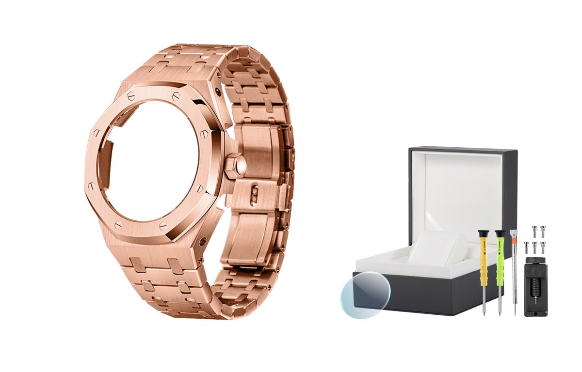 All Metal Rose Gold+Watch Box+Tempered Glass Screen Protector