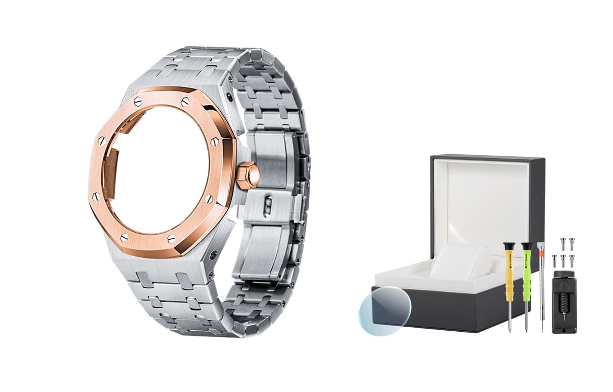 Full Metallic Silver Rose+Watch Box+Tempered Glass Screen Protector