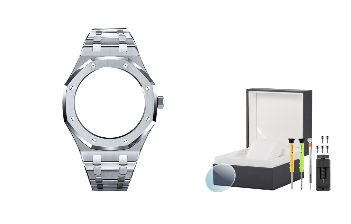 Small GMAS2100 Model Metallic Silver Watch Box+Tempered Glass Screen Protector