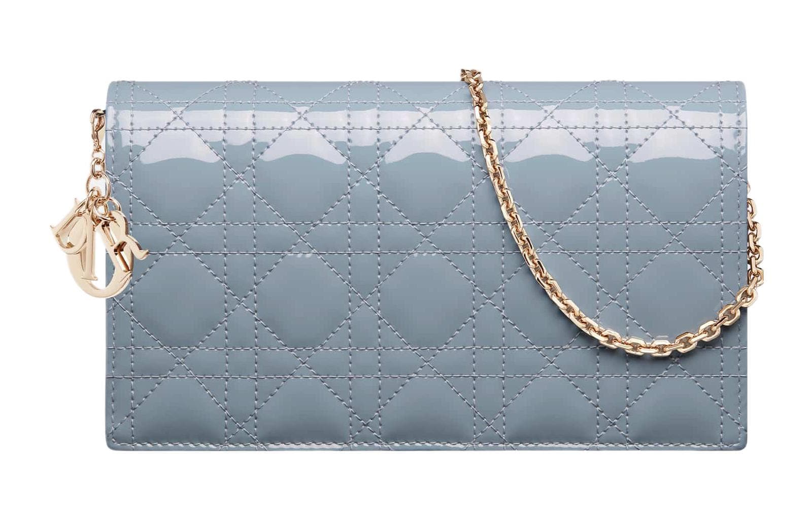 DIOR Lady Dior Patent Leather, Cow 3 in 1 Coin Purse, One Shoulder, Crossbody Clutch Powder Blue Shopping Bag Set(Basic Set+Shopping Bag)