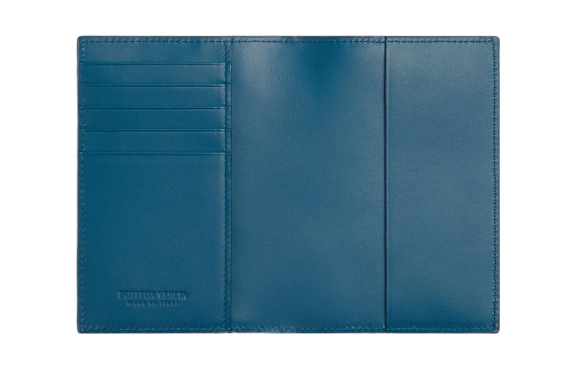 Bottega Veneta Calfskin Passport Holder Stone Gray & Deep Sea Blue