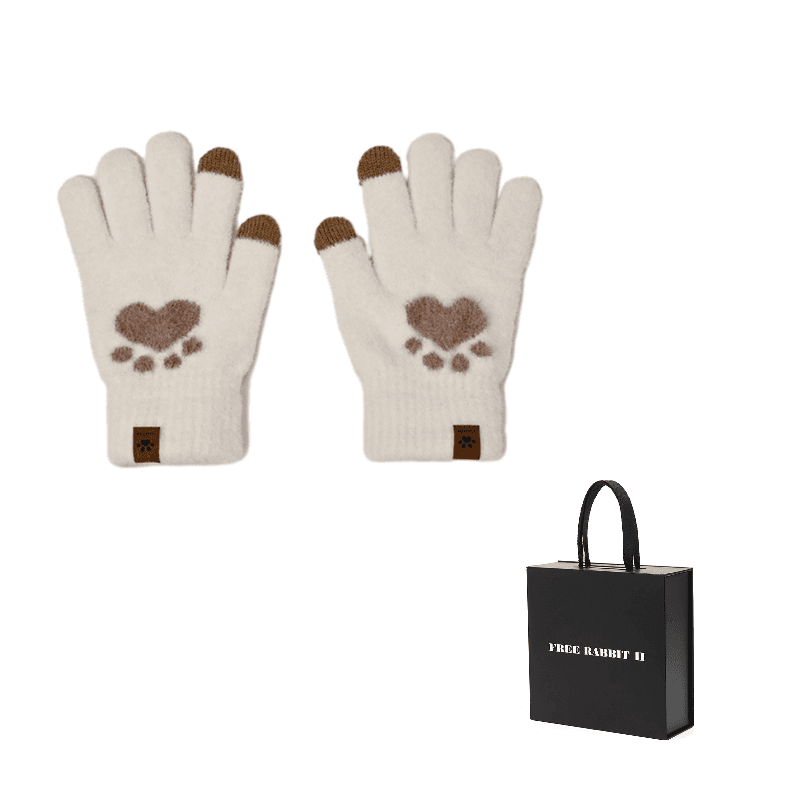 FREE RABBITⅡ Touchscreen Thermal Cute Five Finger Cold Cycling Thickened Fleece Lined Knit Ecru