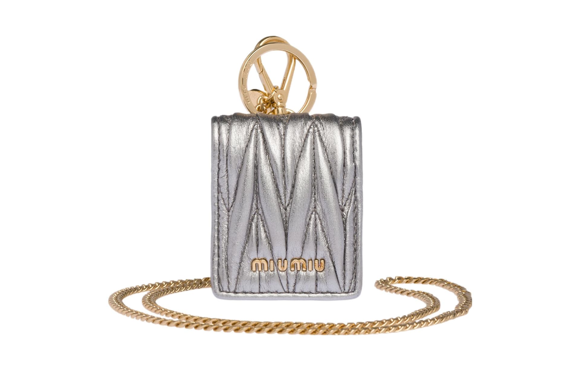 MIU MIU Matelasse One Shoulder Crossbody Earphone Case Silver Basic Set (Bag+Dust Bag)
