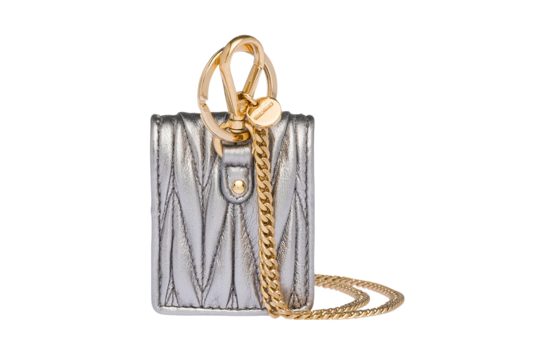 MIU MIU Matelasse One Shoulder Crossbody Earphone Case Silver