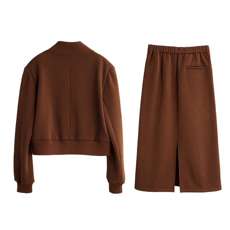 ELLE TwoPiece Skirt Sets Brown Stand Collar Moderate