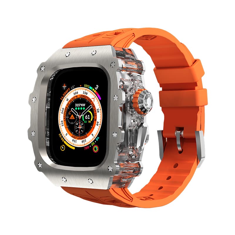 HUALIMEI Strap Apple Compatibility Fluoroelastomer Material 228.1mm~273mm Transparent Middle Frame+Original Factory Orange Strap SilverTone Buckle