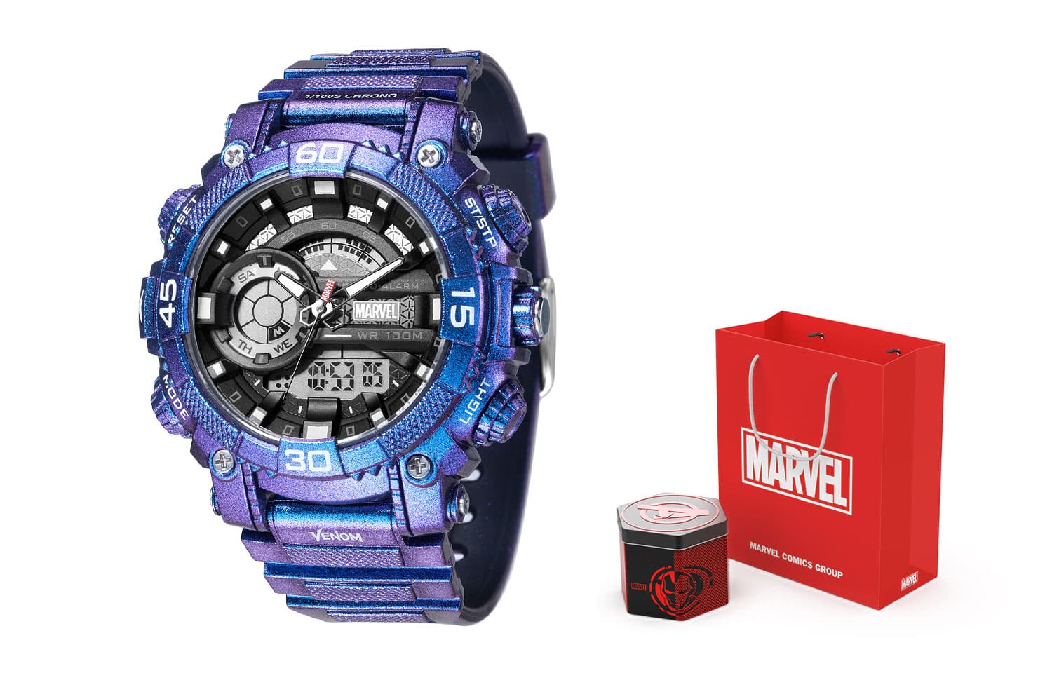 MARVEL Iron Collection Quartz Movement PU Strap Watch Black Dial M5030LZB Venom[Dual Movement, Dual Display, Waterproof, Glow in The Dark, Multifunction]