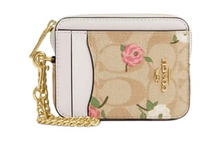 COACH Card Case Coated Canvas With Smooth Zip Card Holder Regular Gold & Light Khaki Chalk