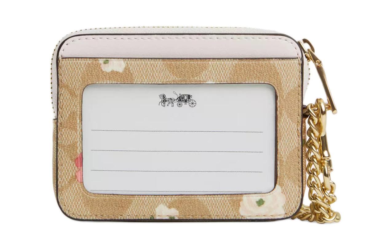 COACH Card Case Coated Canvas With Smooth Zip Card Holder Regular Gold & Light Khaki Chalk