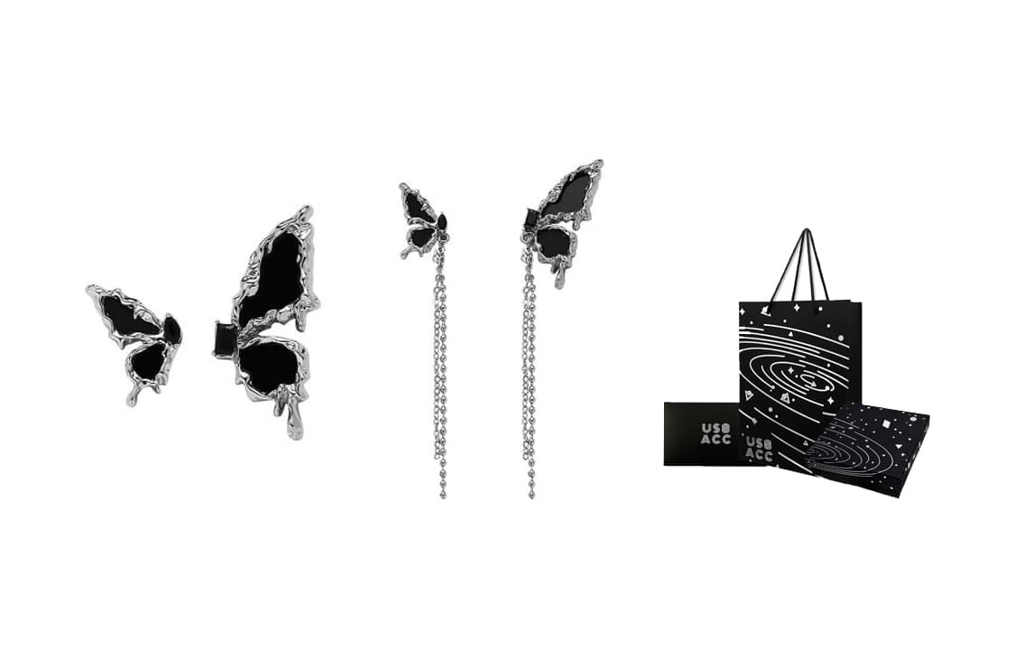 Silver Black Melted Butterfly Hoop Earrings+Silver Black Melted Butterfly Fringe Drop Earrings