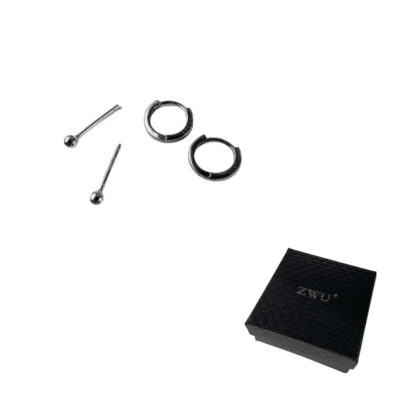 ZWU S999 Fine Silver Stud Earrings S999 Sterling Silver Plain Ring + Ball Stud Earrings (Set)