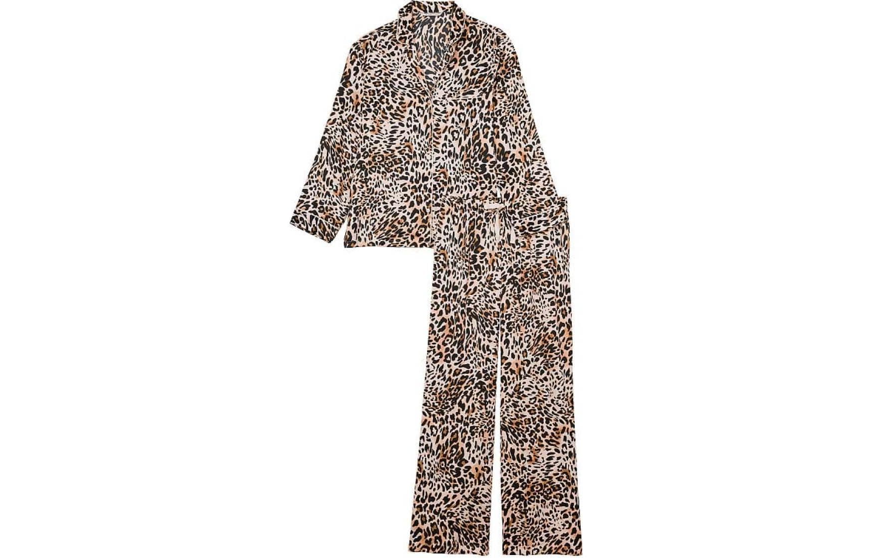 Victoria's Secret Satin Long Pajama Set Pajama Set Brown Animal Print Clothing Sets (Brown Animal Print)