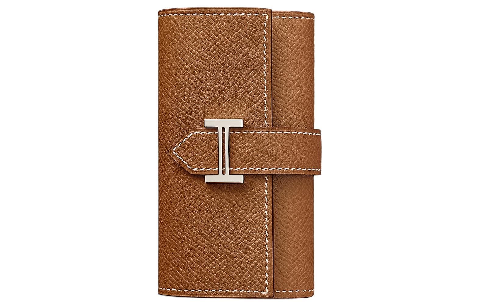 HERMES Bearn Silver Tone Buckle Epsom Calfskin Key Pouch 37 Gold Brown Box Included