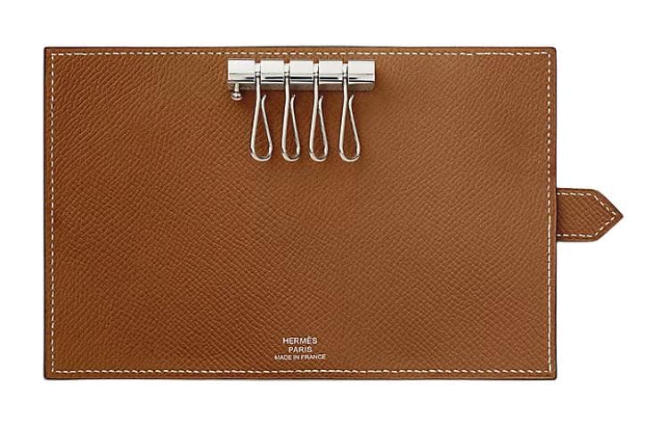 HERMES Bearn Silver Tone Buckle Epsom Calfskin Key Pouch 37 Gold Brown