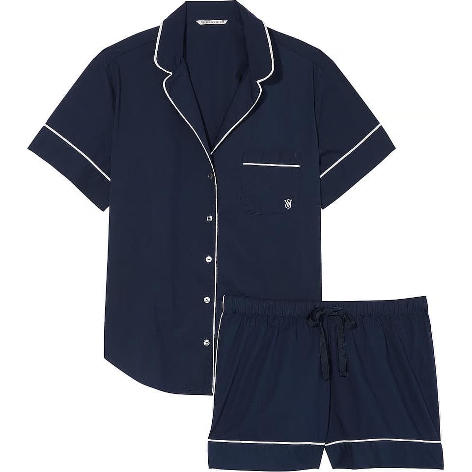 Victoria's Secret Solid Color Short Sleeved Shorts/Navy Blue Pajama Set Marine Blue Clothing Sets (Marine Blue)