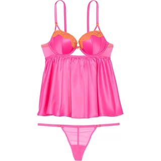 Victoria's Secret VERY SEXY Tease Satin Push Up Babydoll/P Pajama Set Pink