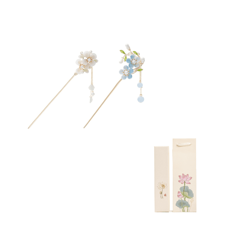 ZANC Hairpins Multiple Colors [White+Blue Double Peach Blossom]2 Pcs