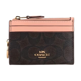COACH Canvas Card Holder Mini Dark Brown & Shell Pink