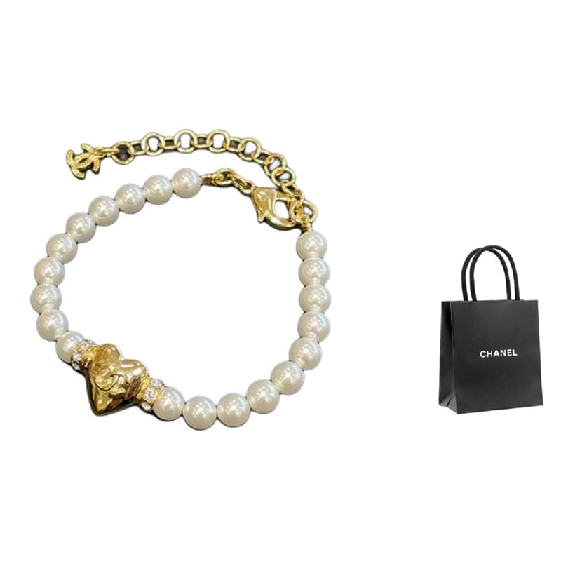 CHANEL Heart Style Metal, Artificial Pearl, Rhinestone Bracelets Gold Shopping Bag