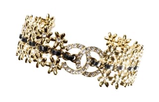 CHANEL Metal, Sheepskin, Rhinestone Bangles Gold