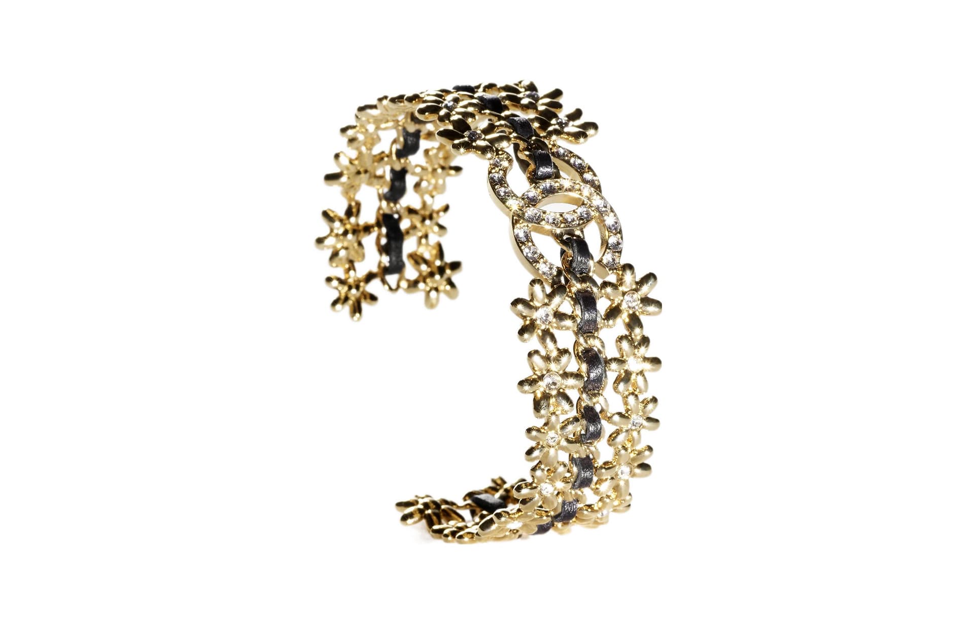 CHANEL Metal, Sheepskin, Rhinestone Bangles Gold