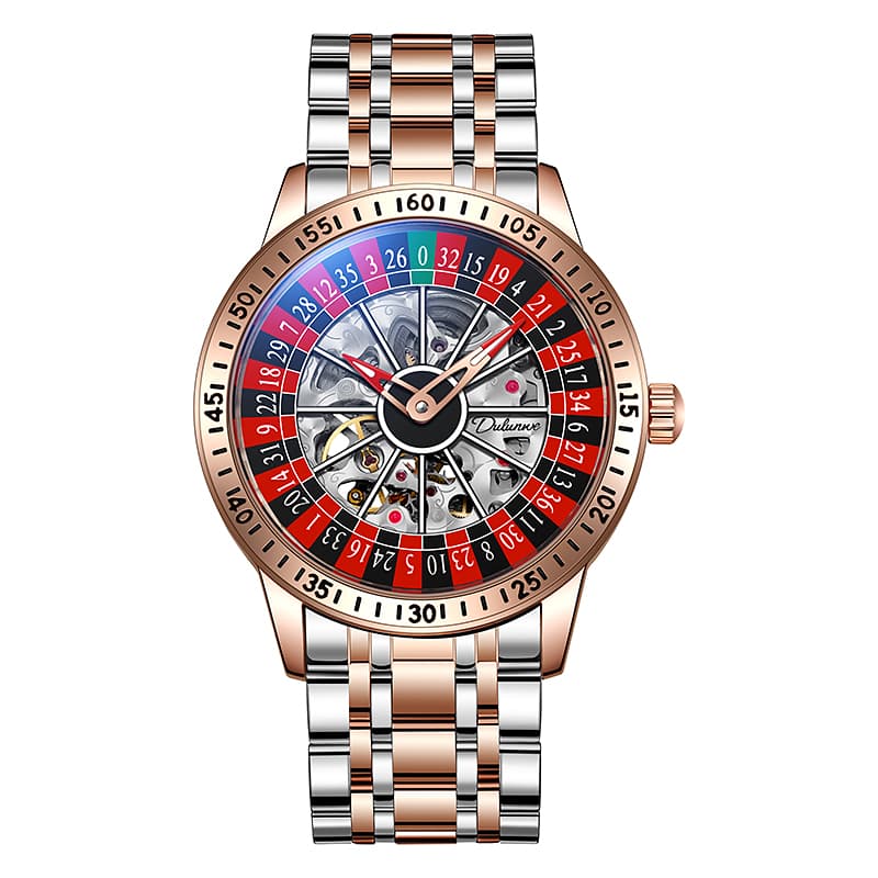 Dulunwe Automatic Mechanical Movement Stainless Steel Watchband Watch Skeleton Dial Rose Gold Steel Band