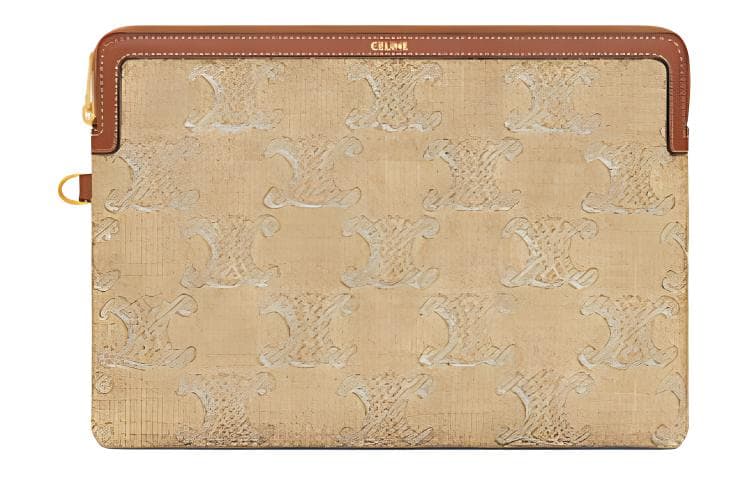 CELINE Triomphe Fabric With Calfskin Clutch Small Natural & Silver