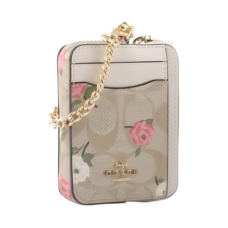 COACH Card Case Coated Canvas With Smooth Zip Card Holder Regular Gold & Light Khaki Chalk
