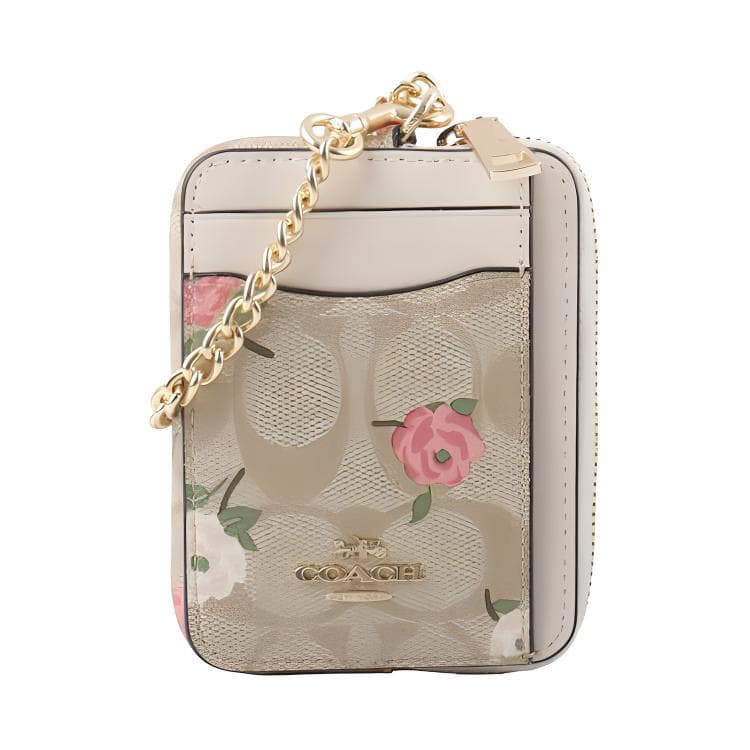 COACH Card Case Coated Canvas With Smooth Zip Card Holder Regular Gold & Light Khaki Chalk Basic Set (Bag+Dust Bag)