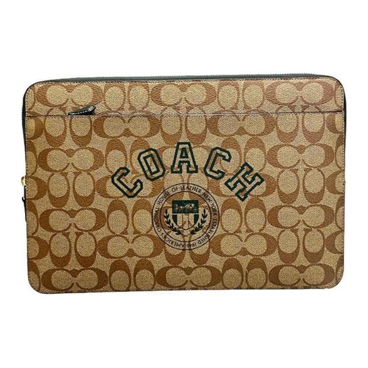 COACH Coated Canvas With Smooth Clutch Laptop Bag Large Khaki Basic Set (Bag+Dust Bag)