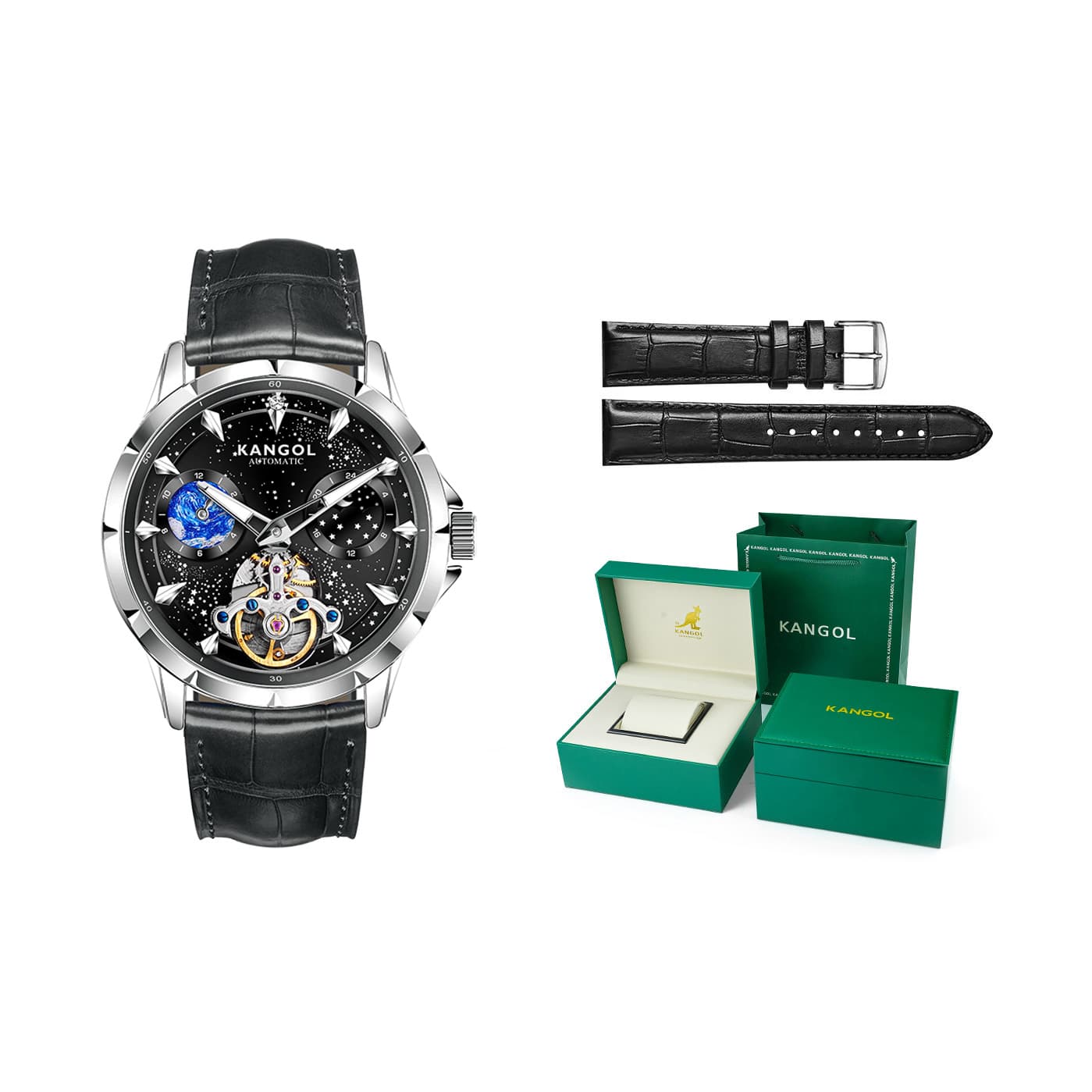 KANGOL Good Looking Automatic Mechanical Movement Genuine Strap Watch Black Dial Silver Black Dial