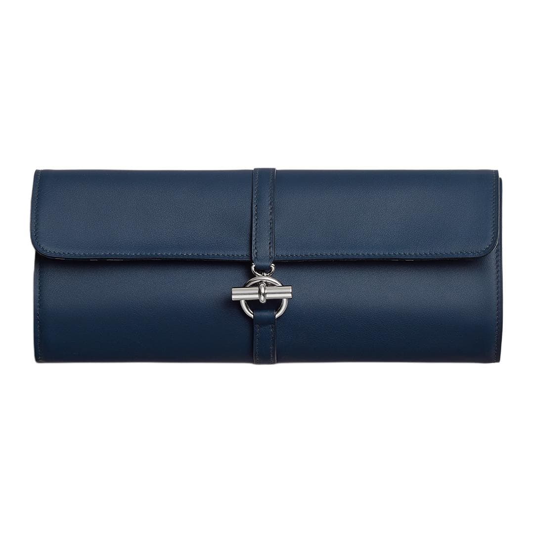 HERMES Glenan H High Technology, Silk, Swift Calfskin Clutch Navy Box Included