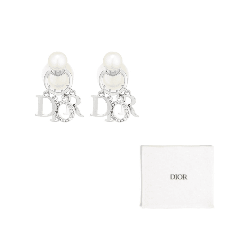 DIOR Resin, Faux Crystal, Metal Earrings White