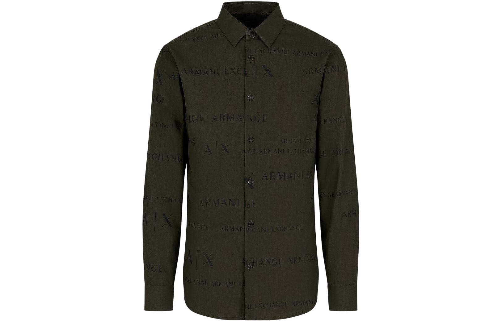 ARMANI EXCHANGE Sustainability Values Regular Fit Organic Cotton Poplin All Over Logo Shirt Dark Green