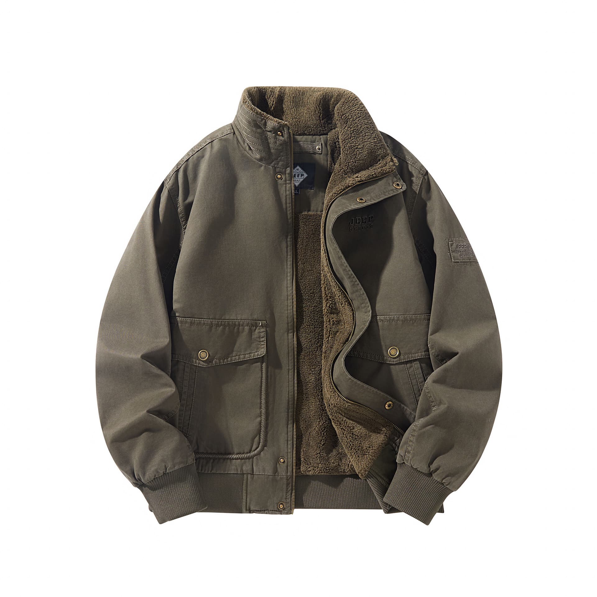 JEEP SPIRIT Outdoor Gorpcore Thickened Fleece Lined Solid Color Lapel Short Thermal Washed Workwear Puffer Jacket Army Green
