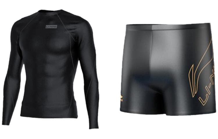 Li Ning Swimsuit Sets Moderate Set (Black Swimwear+Black Gold Swimming Shorts)